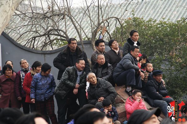 人民公園演出現場擠滿了觀眾，圖為觀眾爬上假山山頭