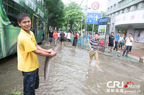 臺風過后廈門城區積水 市民“渾水摸魚”收獲豐