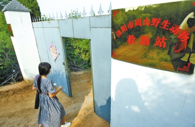 掛著兩塊牌子：分別是洛陽市周山野生動物救助站和周山森林公園野生動物保護區