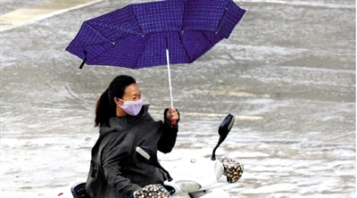 昨日下午，隴海路上，雨中風大，一位女士的傘被吹翻了。