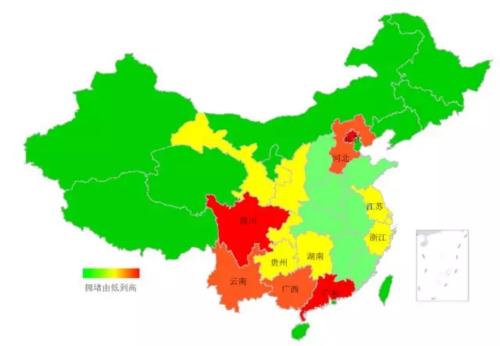 端午期間省域擁堵情況。來源：交通部聯合其他機構發布的《2018年端午全國公路網出行預測報告》。