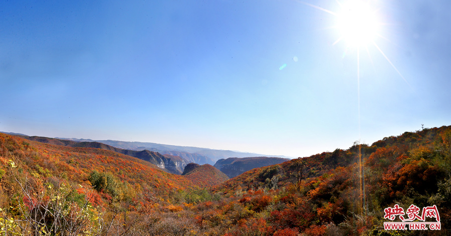 山頂遠(yuǎn)眺，紅葉已經(jīng)綻放出絢麗的色彩