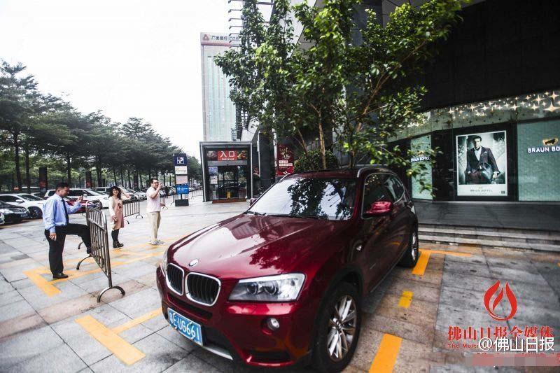 一輛停在停車位上的寶馬轎車，被墜落的樹枝砸中，樹枝徑直插入車內，現場引發不少市民圍觀拍照。